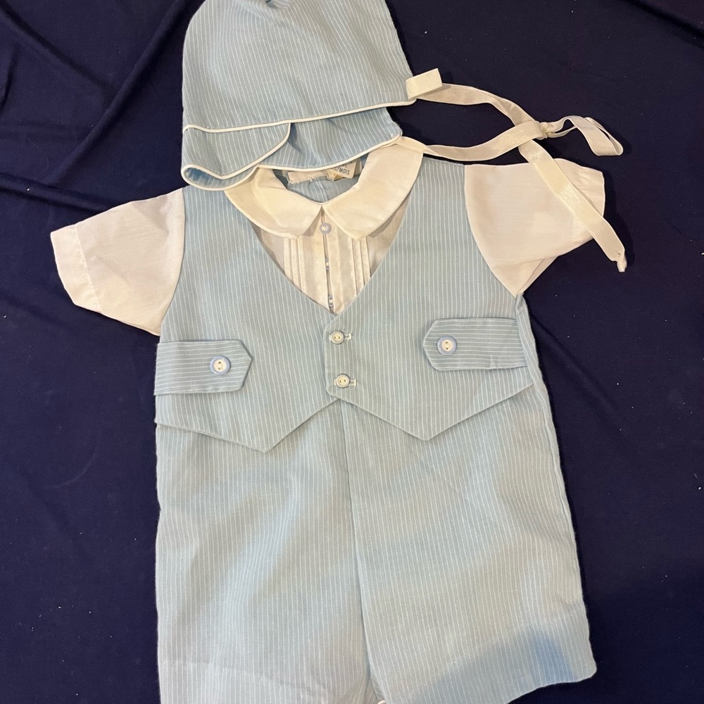 Vintage Alexis Baby Boy Blue Shortall With Bonnet 3m Peter Pan Collar Easter